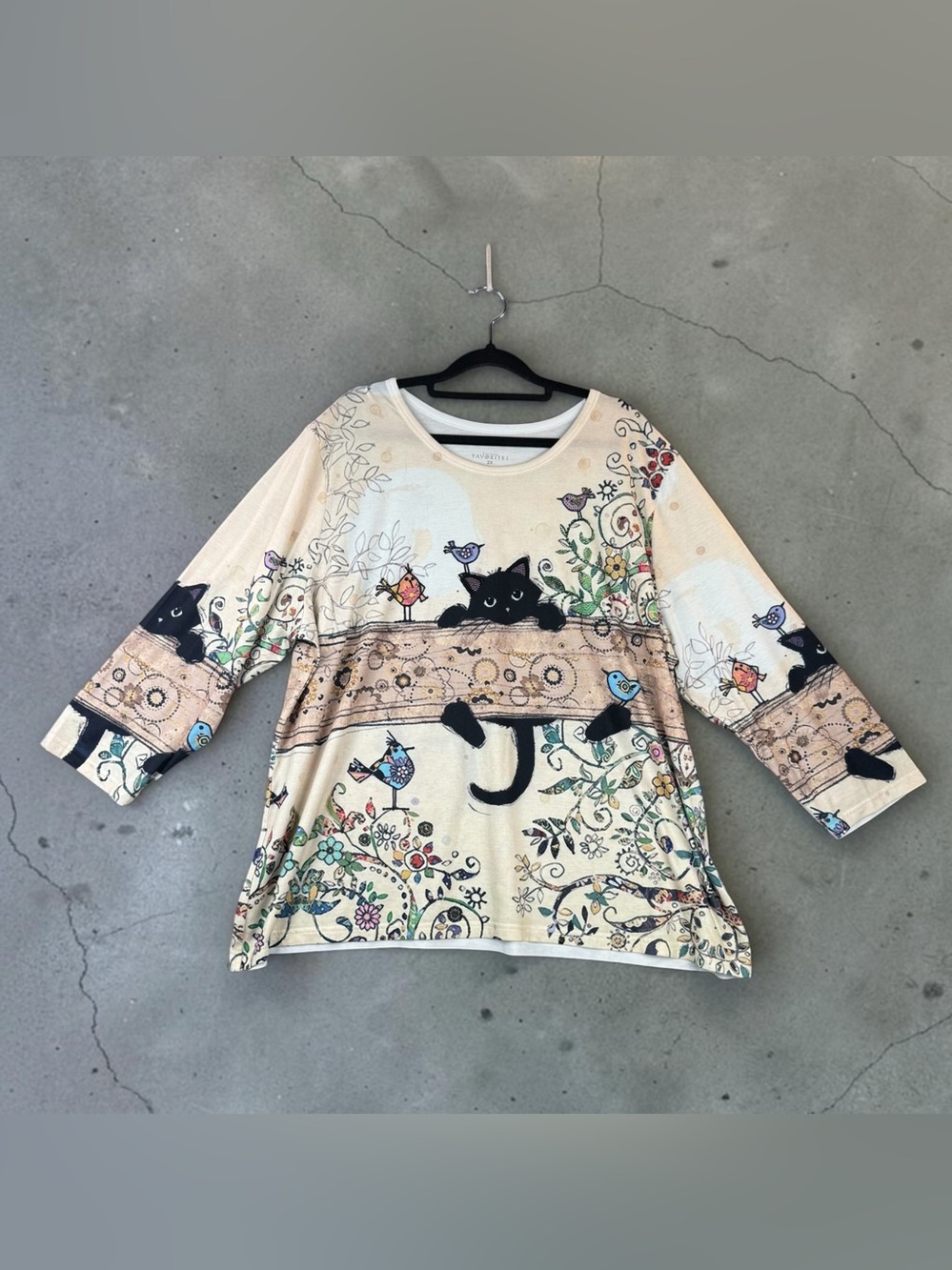 Women’s Cream Floral Cat Print 3/4 Sleeve Top Rhinestone Size 2X